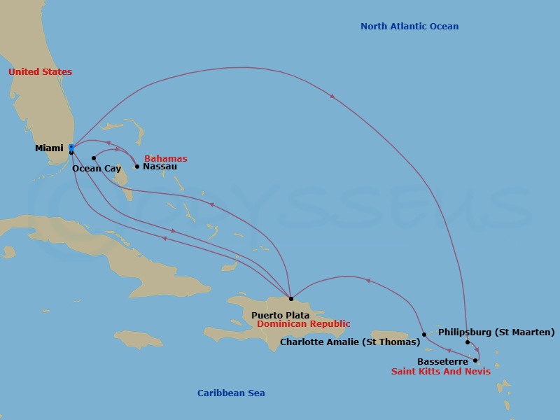 14 Night - Caribbean and Antilles - MSC Seashore - Starting in Miami, Florida, Philipsburg, St Maarten, Basseterre, St Kitts and Nevis, Charlotte Amalie (St Thomas) Virgin Islands, Puerto Plata, Dominican Republic, Miami, Florida, Puerto Plata, Dominican Republic, Ocean Cay Msc Marine Reserve, Bahamas, Nassau, Bahamas, Miami, Florida itinerary map