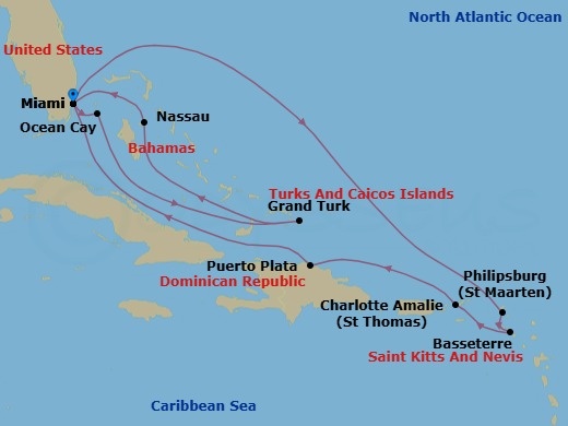 14 Night - Caribbean and Antilles - MSC Seashore - Starting in Miami, Florida, Philipsburg, St Maarten, Basseterre, St Kitts and Nevis, Charlotte Amalie (St Thomas) Virgin Islands, Puerto Plata, Dominican Republic, Miami, Florida, Ocean Cay Msc Marine Reserve, Bahamas, Grand Turk Island, Turks and Caicos, Nassau, Bahamas, Miami, Florida itinerary map