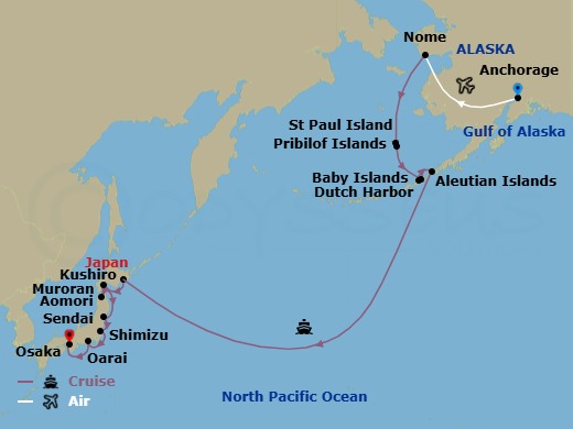 19 Night - Alaska to Japan : Ring of Fire to Ainu Culture - National Geographic Resolution Tours - Starting in Anchorage, Alaska / Nome / Embark Ship, Pribilof Islands / St Paul Island / St George Island, Baby Islands / Dutch Harbor, Aleutian Islands, Kushiro, Japan, Muroran, Aomori, Sendai, Oarai / Mito City, Shimizu, Osaka / Disembark Ship itinerary map