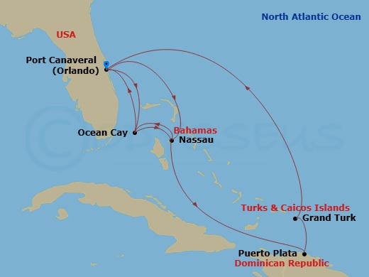 11 Night - Caribbean and Antilles - MSC Grandiosa - Starting in Port Canaveral (Orlando), Florida, Nassau, Bahamas, Ocean Cay Msc Marine Reserve, Bahamas, Port Canaveral (Orlando), Florida, Ocean Cay Msc Marine Reserve, Bahamas, Nassau, Bahamas, Puerto Plata, Dominican Republic, Grand Turk Island, Turks and Caicos, Port Canaveral (Orlando), Florida itinerary map