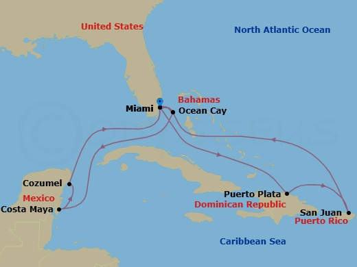 13 Night - Caribbean and Antilles - MSC World America - Starting in Miami, Florida, Puerto Plata, Dominican Republic, San Juan, Puerto Rico, Ocean Cay Msc Marine Reserve, Bahamas, Miami, Florida, Ocean Cay Msc Marine Reserve, Bahamas, Costa Maya, Mexico, Cozumel, Mexico, Miami, Florida itinerary map