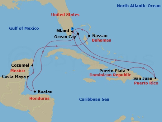 15 Night - Caribbean and Antilles - MSC World America - Starting in Miami, Florida, Ocean Cay Msc Marine Reserve, Bahamas, Isla De Roatan, Honduras, Costa Maya, Mexico, Cozumel, Mexico, Nassau, Bahamas, Miami, Florida, Puerto Plata, Dominican Republic, San Juan, Puerto Rico, Ocean Cay Msc Marine Reserve, Bahamas, Miami, Florida itinerary map