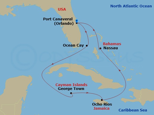 11 Night - Caribbean and Antilles - MSC Grandiosa - Starting in Port Canaveral (Orlando), Florida, Ocean Cay Msc Marine Reserve, Bahamas, George Town, Cayman Islands, Ocho Rios, Jamaica, Nassau, Bahamas, Port Canaveral (Orlando), Florida, Nassau, Bahamas, Ocean Cay Msc Marine Reserve, Bahamas, Port Canaveral (Orlando), Florida itinerary map