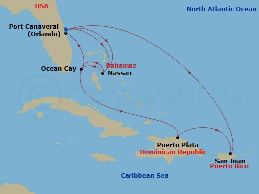 12 Night - Caribbean and Antilles - MSC Grandiosa - Starting in Port Canaveral (Orlando), Florida, Nassau, Bahamas, Ocean Cay Msc Marine Reserve, Bahamas, Puerto Plata, Dominican Republic, San Juan, Puerto Rico, Port Canaveral (Orlando), Florida, Nassau, Bahamas, Ocean Cay Msc Marine Reserve, Bahamas, Port Canaveral (Orlando), Florida itinerary map