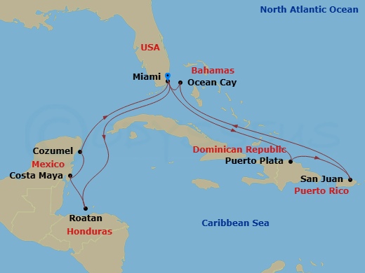 14 Night - Caribbean and Antilles - MSC World America - Starting in Miami, Florida, Isla De Roatan, Honduras, Costa Maya, Mexico, Cozumel, Mexico, Miami, Florida, Puerto Plata, Dominican Republic, San Juan, Puerto Rico, Ocean Cay Msc Marine Reserve, Bahamas, Miami, Florida itinerary map