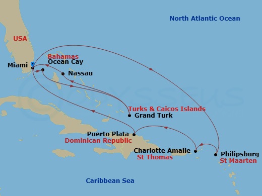 13 Night - Caribbean and Antilles - MSC Seashore - Starting in Miami, Florida, Philipsburg, St Maarten, Charlotte Amalie (St Thomas) Virgin Islands, Puerto Plata, Dominican Republic, Miami, Florida, Ocean Cay Msc Marine Reserve, Bahamas, Grand Turk Island, Turks and Caicos, Nassau, Bahamas, Miami, Florida itinerary map