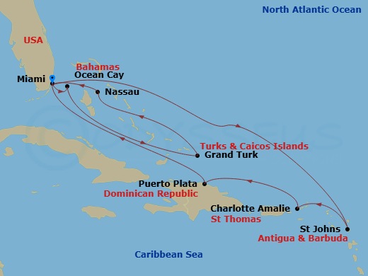 13 Night - Caribbean and Antilles - MSC Seashore - Starting in Miami, Florida, St Johns AG, Antigua, Charlotte Amalie (St Thomas) Virgin Islands, Puerto Plata, Dominican Republic, Miami, Florida, Ocean Cay Msc Marine Reserve, Bahamas, Grand Turk Island, Turks and Caicos, Nassau, Bahamas, Miami, Florida itinerary map