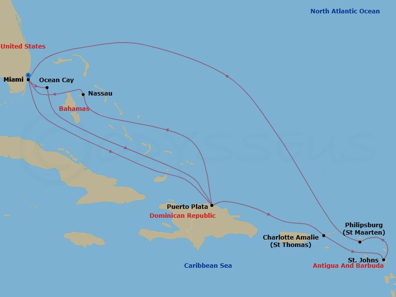 14 Night - Caribbean and Antilles - MSC Seashore - Starting in Miami, Florida, Ocean Cay Msc Marine Reserve, Bahamas, Puerto Plata, Dominican Republic, Nassau, Bahamas, Miami, Florida, Puerto Plata, Dominican Republic, Charlotte Amalie (St Thomas) Virgin Islands, St Johns AG, Antigua, Philipsburg, St Maarten, Miami, Florida itinerary map