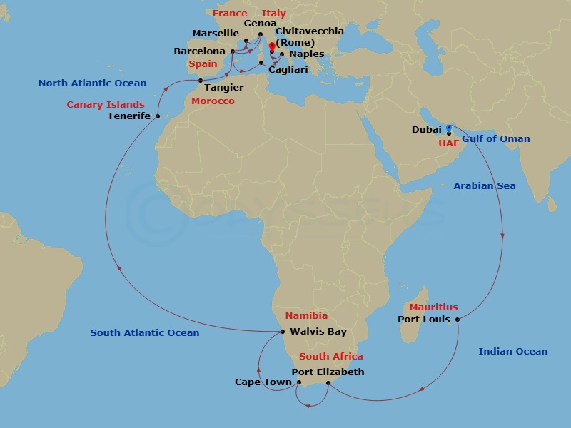 Costa Smeralda - 40 Night - Transatlantic from Dubai (Dubai Harbor) - Costa Smeralda - Starting in Dubai (Dubai Harbor), Port Louis, Mauritius, Port Elizabeth ZA, South Africa.. itinerary map