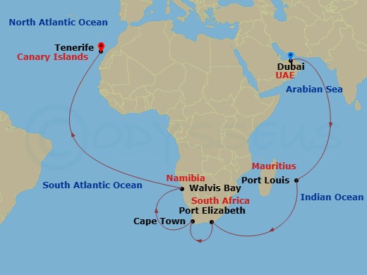 Costa Smeralda - 29 Night - Transatlantic from Dubai (Dubai Harbor) - Costa Smeralda - Starting in Dubai (Dubai Harbor), Port Louis, Mauritius, Port Elizabeth ZA, South Africa.. itinerary map