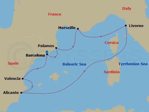 7 Night - Chianti, Rose & Cava - Seven Seas Voyager - Starting in Barcelona, Palamos, Provence (Marseille), Tuscany (Livorno), Cruising the Mediterranean Sea, Alicante, Valencia, Barcelona itinerary map