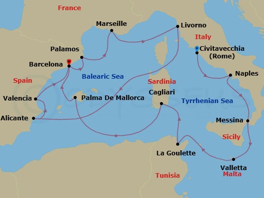 15 Night - Mediterranean Pilgrimage - Seven Seas Voyager - Starting in Rome (Civitavecchia), Naples / Pompeii, Messina (Sicily), Valletta, La Goulette, Cagliari (Sardinia), Cruising the Mediterranean Sea, Palma De Mallorca, Barcelona, Palamos, Provence (Marseille), Tuscany (Livorno), Cruising the Mediterranean Sea, Alicante, Valencia, Barcelona itinerary map