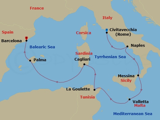 8 Night - Knights & Sunsets - Seven Seas Voyager - Starting in Rome (Civitavecchia), Naples / Pompeii, Messina (Sicily), Valletta, La Goulette, Cagliari (Sardinia), Cruising the Mediterranean Sea, Palma De Mallorca, Barcelona itinerary map