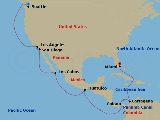 19 Night - Msc Grand Voyages - MSC Poesia - Starting in Seattle, Washington, Los Angeles, San Diego, Cabo San Lucas, Mexico, Huatulco, Mexico, Cruising Panama Canal, Colon, Panama, Cartagena CO, Miami, Florida itinerary map
