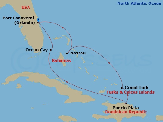 MSC World Atlantic - 7 Night - Caribbean and Antilles - MSC World Atlantic - Starting in Port Canaveral (Orlando), Florida, Ocean Cay Msc Marine Reserve, Bahamas, Puerto Plata, Do.. itinerary map