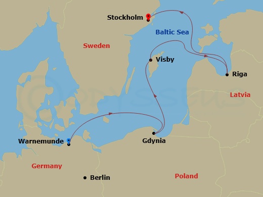 4 Night - Northern Europe - MSC Magnifica - Starting in Warnemunde (Berlin), Germany, Gdynia (Gdansk), Poland, Visby, Sweden, Riga, Latvia, Stockholm, Sweden itinerary map