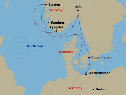 7 Night - Northern Europe - MSC Magnifica - Starting in Warnemunde (Berlin), Germany, Sandnes, Norway, Bergen, Norway, Lyngdal, Norway, Oslo, Norway, Copenhagen, Denmark, Warnemunde (Berlin), Germany itinerary map
