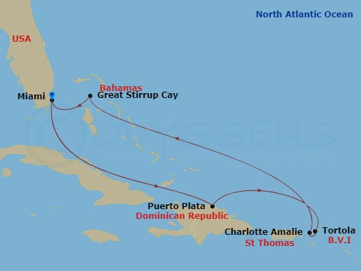 NCL Norwegian Luna - 7 Night - Eastern Caribbean - Miami - NCL Norwegian Luna - Starting in Miami, Fl, Puerto Plata, Dominican Republic, Tortola, British Virgin Islands, St Thomas.. itinerary map