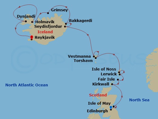 Silver Endeavour - 11 Night - Edinburgh to Reykjavik - Silver Endeavour - Starting in Edinburgh (Leith), Isle of May, Kirkwall, Orkney Islands, Scotland, Fair Isle, Scotland, Le.. itinerary map