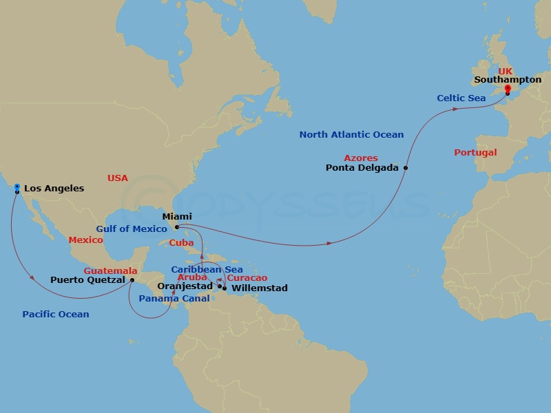 25 Night - Los Angeles to Southampton - Queen Anne - Starting in Los Angeles, CA, Puerto Quetzal, Guatemala, Transit the Panama Canal, Panama (Full Transit), Willemstad AN, Curacao, Oranjestad, Aruba, Miami, FL, Ponta Delgada, Azores, Portugal, Southampton, England, UK itinerary map