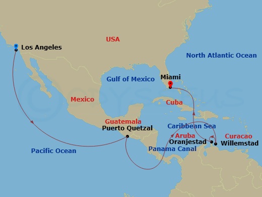 14 Night - Los Angeles to Miami - Queen Anne - Starting in Los Angeles, CA, Puerto Quetzal, Guatemala, Transit the Panama Canal, Panama (Full Transit), Willemstad AN, Curacao, Oranjestad, Aruba, Miami, FL itinerary map