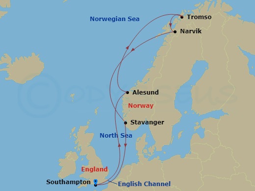 12 Night - Norway and Northern Lights - Queen Anne - Starting in Southampton, England, UK, Alesund, Norway, Tromso, Norway, Narvik, Norway, Stavanger, Norway, Southampton, England, UK itinerary map