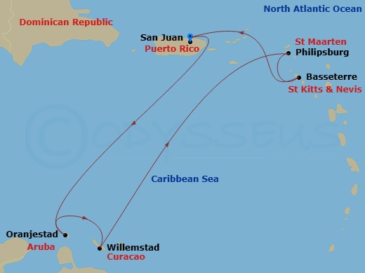 7 Night - Caribbean - Norwegian Viva - Starting in San Juan, Pr, Oranjestad, Aruba, Willemstad AN, Netherlands Antilles, Philipsburg, St Maarten, Netherland Antilles, Basseterre, Saint Kitts / Nevis, San Juan, Pr itinerary map