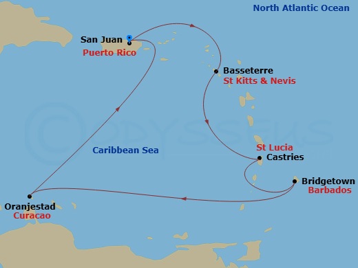7 Night - Caribbean - Norwegian Viva - Starting in San Juan, Pr, Basseterre, Saint Kitts / Nevis, St Lucia, Saint Lucia, Bridgetown, Barbados, Oranjestad, Aruba, San Juan, Pr itinerary map