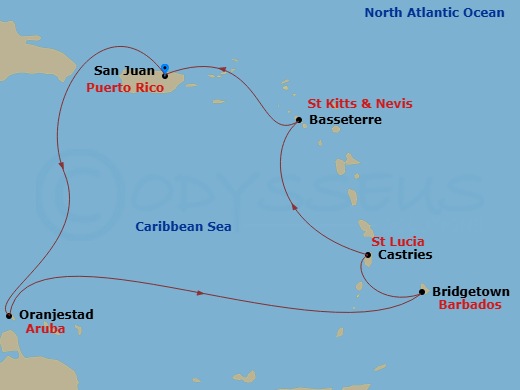 7 Night - Caribbean - Norwegian Viva - Starting in San Juan, Pr, Oranjestad, Aruba, Bridgetown, Barbados, St Lucia, Saint Lucia, Basseterre, Saint Kitts / Nevis, San Juan, Pr itinerary map