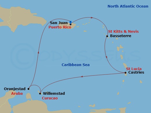 7 Night - Caribbean - Norwegian Viva - Starting in San Juan, Pr, Basseterre, Saint Kitts / Nevis, St Lucia, Saint Lucia, Willemstad AN, Netherlands Antilles, Oranjestad, Aruba, San Juan, Pr itinerary map