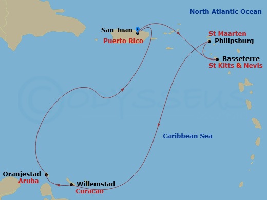 7 Night - Caribbean - Norwegian Viva - Starting in San Juan, Pr, Basseterre, Saint Kitts / Nevis, Philipsburg, St Maarten, Netherland Antilles, Willemstad AN, Netherlands Antilles, Oranjestad, Aruba, San Juan, Pr itinerary map