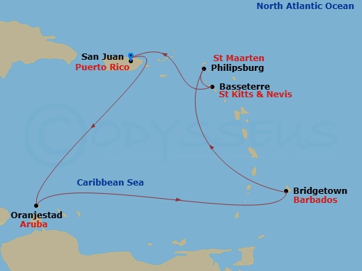 7 Night - Caribbean - Norwegian Viva - Starting in San Juan, Pr, Oranjestad, Aruba, Bridgetown, Barbados, Philipsburg, St Maarten, Netherland Antilles, Basseterre, Saint Kitts / Nevis, San Juan, Pr itinerary map