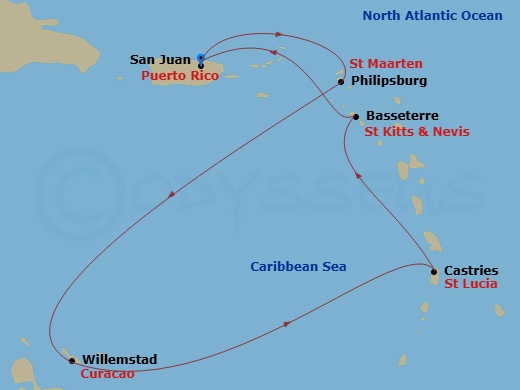 7 Night - Caribbean - Norwegian Viva - Starting in San Juan, Pr, Philipsburg, St Maarten, Netherland Antilles, Willemstad AN, Netherlands Antilles, St Lucia, Saint Lucia, Basseterre, Saint Kitts / Nevis, San Juan, Pr itinerary map