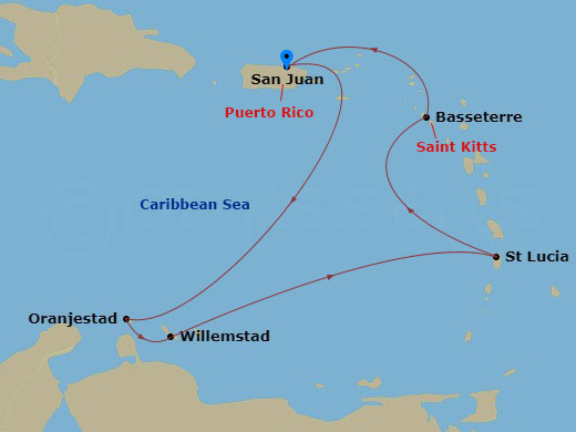NCL Norwegian Viva - 7 Night - Caribbean - NCL Norwegian Viva - Starting in San Juan, Pr, Oranjestad, Aruba, Willemstad AN, Netherlands Antilles, St Lucia, Saint Lucia, Basseterre.. itinerary map
