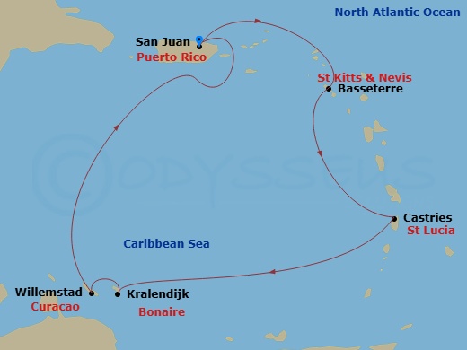 7 Night - Caribbean - Norwegian Viva - Starting in San Juan, Pr, Basseterre, Saint Kitts / Nevis, St Lucia, Saint Lucia, Kralendijk, Netherland Antilles, Willemstad AN, Netherlands Antilles, San Juan, Pr itinerary map