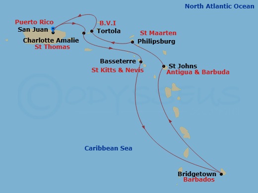7 Night - Southern Caribbean - San Juan - Norwegian Prima - Starting in San Juan, Pr, St Thomas, Vi, Basseterre, Saint Kitts / Nevis, Bridgetown, Barbados, St Johns AG, Antigua, Philipsburg, St Maarten, Netherland Antilles, Tortola, British Virgin Islands, San Juan, Pr itinerary map
