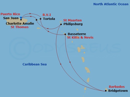 NCL Norwegian Prima - 7 Night - Southern Caribbean - San Juan - NCL Norwegian Prima - Starting in San Juan, Pr, Tortola, British Virgin Islands, Basseterre, Saint Kitts / Nevis, Br.. itinerary map