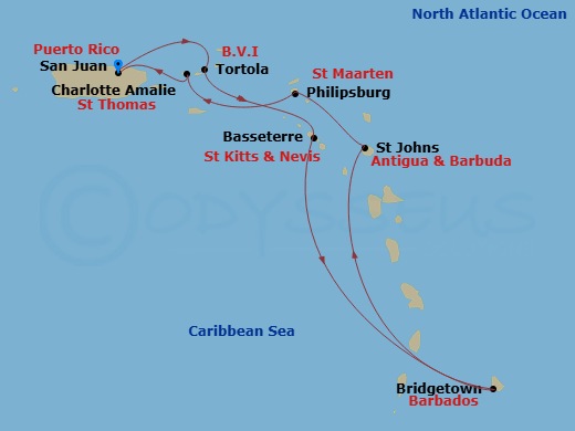 7 Night - Southern Caribbean - San Juan - Norwegian Prima - Starting in San Juan, Pr, Tortola, British Virgin Islands, Basseterre, Saint Kitts / Nevis, Bridgetown, Barbados, St Johns AG, Antigua, Philipsburg, St Maarten, Netherland Antilles, St Thomas, Vi, San Juan, Pr itinerary map