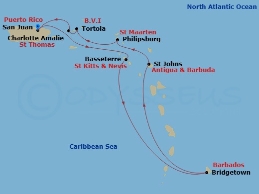 7 Night - Southern Caribbean - San Juan - Norwegian Prima - Starting in San Juan, Pr, Basseterre, Saint Kitts / Nevis, Bridgetown, Barbados, St Johns AG, Antigua, Philipsburg, St Maarten, Netherland Antilles, Tortola, British Virgin Islands, St Thomas, Vi, San Juan, Pr itinerary map