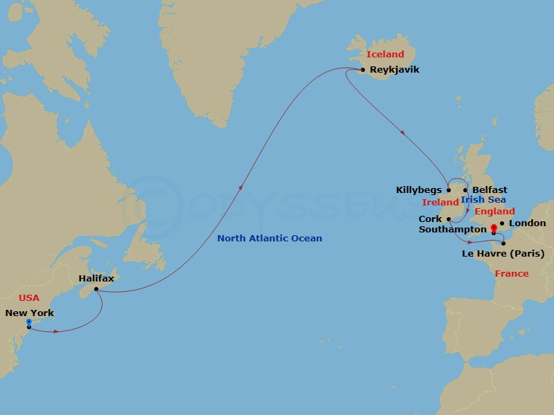 15 Night - Repo - Transatlantic - Norwegian Prima - Starting in New York City, Ny, Halifax, Canada, Reykjavik, Iceland, Killybegs, Ireland, Belfast, Northern Ireland, United Kingdom, Cork / Cobh, Ireland, Le Havre / Paris, France, London (Southampton), United Kingdom itinerary map