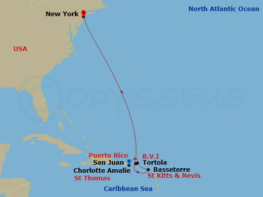 NCL Norwegian Prima - 7 Night - Southern Caribbean - San Juan - NCL Norwegian Prima - Starting in San Juan, Pr, Tortola, British Virgin Islands, Basseterre, Saint Kitts / Nevis, St.. itinerary map