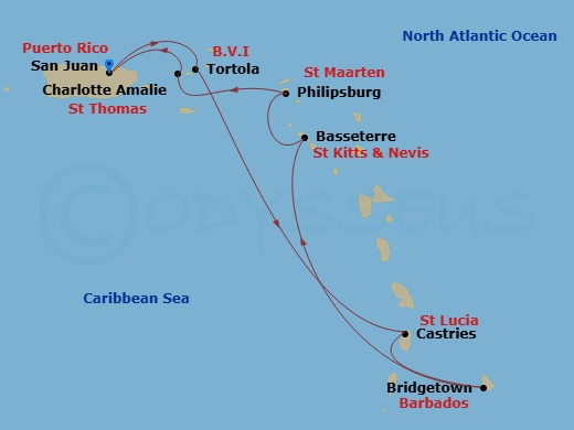 NCL Norwegian Prima - 7 Night - Southern Caribbean - San Juan - NCL Norwegian Prima - Starting in San Juan, Pr, Tortola, British Virgin Islands, St Lucia, Saint Lucia, Bridgetown,.. itinerary map