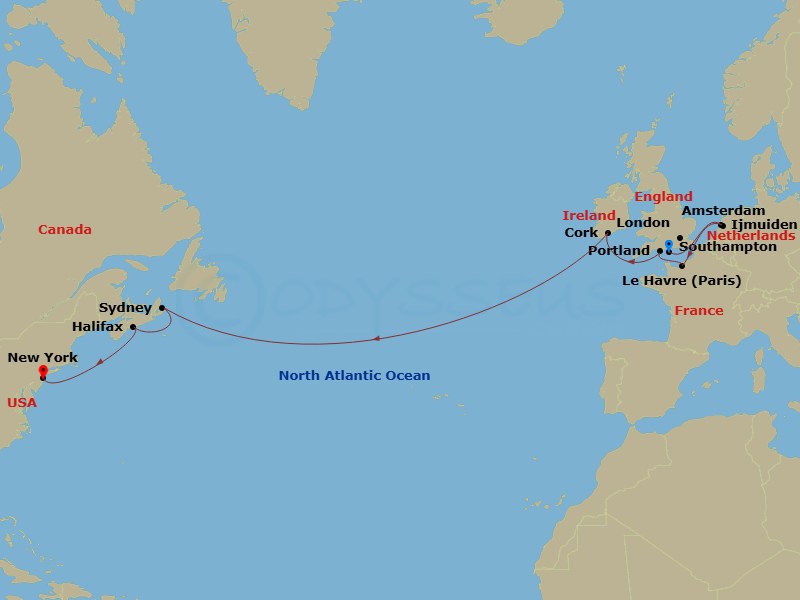 14 Night - Repo - Transatlantic - Norwegian Prima - Starting in London (Southampton), United Kingdom, Amsterdam / Ijmuiden, Netherlands, Le Havre / Paris, France, Portland UK, Cork / Cobh, Ireland, Sydney NS, Cape Breton Island, Canada, Halifax, Canada, New York City, Ny itinerary map