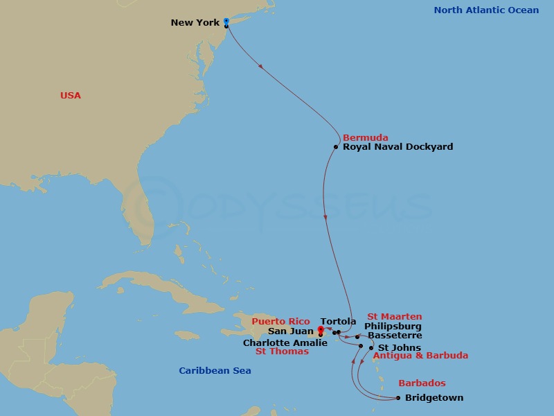 10 Night - Southern Caribbean - San Juan - Norwegian Prima - Starting in New York City, Ny, Royal Naval Dockyard, Bermuda, Tortola, British Virgin Islands, Basseterre, Saint Kitts / Nevis, Bridgetown, Barbados, St Johns AG, Antigua, Philipsburg, St Maarten, Netherland Antilles, St Thomas, Vi, San Juan, Pr itinerary map