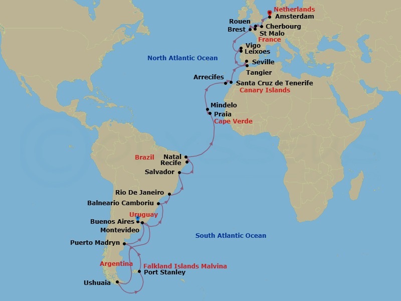 46 Night - Falkland Islands to France - Tour N20 - Seabourn Venture Tours - Starting in Buenos Aires, Argentina, Ushuaia, Argentina, The Falkland Islands, Port Stanley, Falkland Islands, The Falkland Islands, Puerto Madryn, Argentina, Montevideo, Uruguay, Camboriu, Brazil, Rio De Janeiro, Brazil, Salvador da Bahia, Brazil, Recife, Brazil, Natal, Brazil, Praia, Ilha de Santiago, Cape Verde, Mindelo, Cape Verde, Santa Cruz de Tenerife, Arrecife, Lanzarote, Canary Islands, Spain, Tangier, Morocco, Seville, Spain, Leixoes (Porto), Portugal, Vigo, Spain, Brest, France, St Malo (Le Mont Saint Michel), France, Cherbourg (Normandy), France, Rouen (Paris), France, Scenic Cruising Seine River, Amsterdam, the Netherlands itinerary map