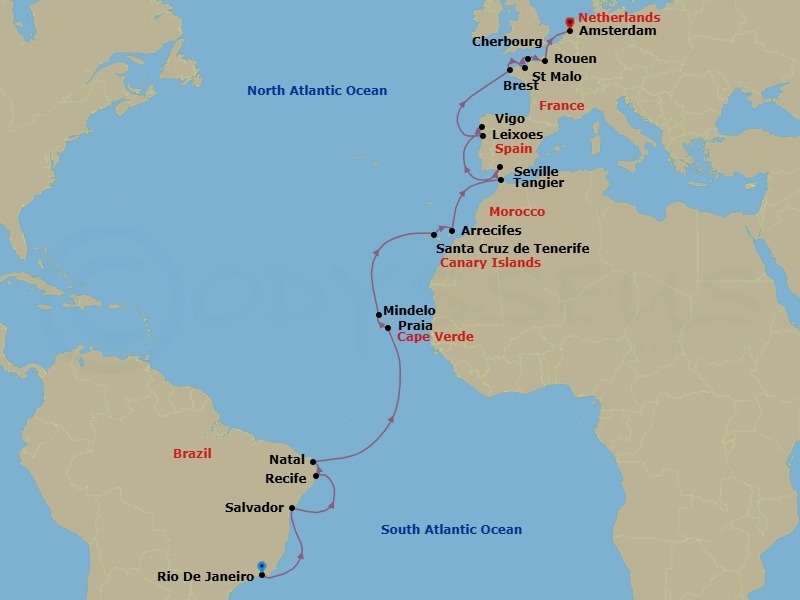 31 Night - South America, Canary Islands, Spain & France - Seabourn Venture - Starting in Rio De Janeiro, Brazil, Salvador da Bahia, Brazil, Recife, Brazil, Natal, Brazil, Praia, Ilha de Santiago, Cape Verde, Mindelo, Cape Verde, Santa Cruz de Tenerife, Arrecife, Lanzarote, Canary Islands, Spain, Tangier, Morocco, Seville, Spain, Leixoes (Porto), Portugal, Vigo, Spain, Brest, France, St Malo (Le Mont Saint Michel), France, Cherbourg (Normandy), France, Rouen (Paris), France, Scenic Cruising Seine River, Amsterdam, the Netherlands itinerary map