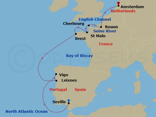 10 Night - Spanish and French Coasts - Seabourn Venture - Starting in Seville, Spain, Leixoes (Porto), Portugal, Vigo, Spain, Brest, France, St Malo (Le Mont Saint Michel), France, Cherbourg (Normandy), France, Rouen (Paris), France, Scenic Cruising Seine River, Amsterdam, the Netherlands itinerary map