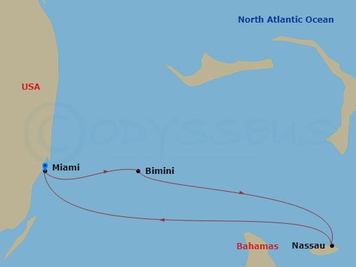 NCL Norwegian Joy - 3 Night - Bahamas - Short - NCL Norwegian Joy - Starting in Miami, Fl, Bimini, Bahamas, Nassau, Bahamas, Miami, Fl itinerary map