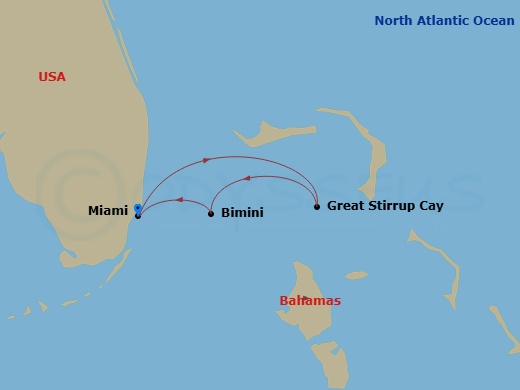 NCL Norwegian Joy - 4 Night - Bahamas - Short - NCL Norwegian Joy - Starting in Miami, Fl, Great Stirrup Cay, Bahamas, Bimini, Bahamas, Miami, Fl itinerary map