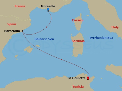 3 Night - Mediterranean - MSC Meraviglia - Starting in Marseille (Provence), France, Barcelona, Spain, La Goulette, Tunisia itinerary map